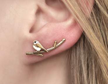 Chickadee bird ear climbers. Gold over Sterling Silver & enamel