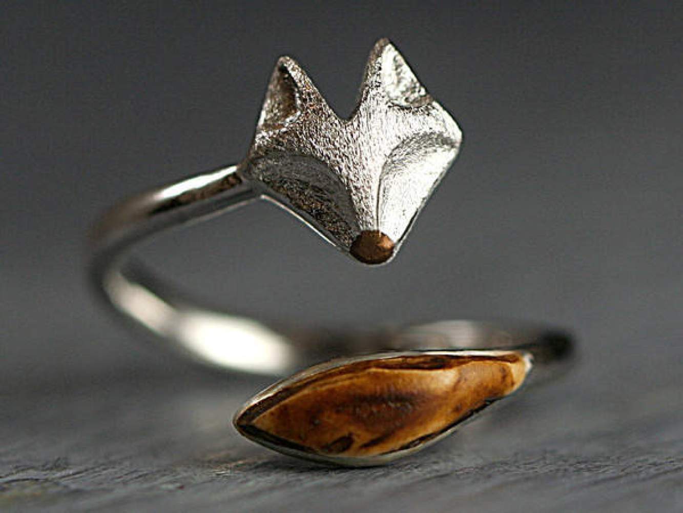 925 Sterling and oak wood wrap fox ring