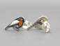 Preview: Red robin bird stud earrings. Small robin birds with orange enamel. Sterling silver