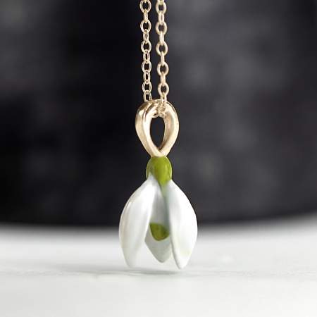 Snowdrop necklace. Enamel. Sterling Silver gold plated or stainless steel gold plated