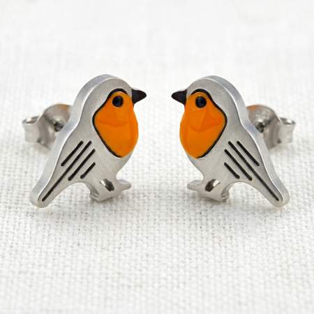 Red Robin Bird Studs - orange enamel & stainless steel
