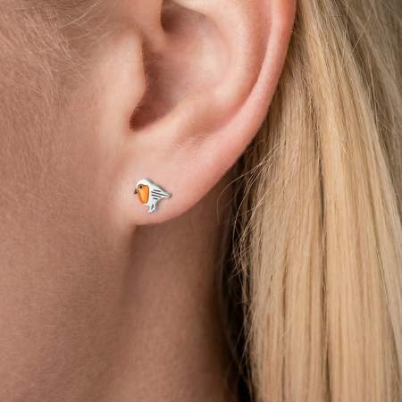 Red Robin Bird Studs - orange enamel & stainless steel