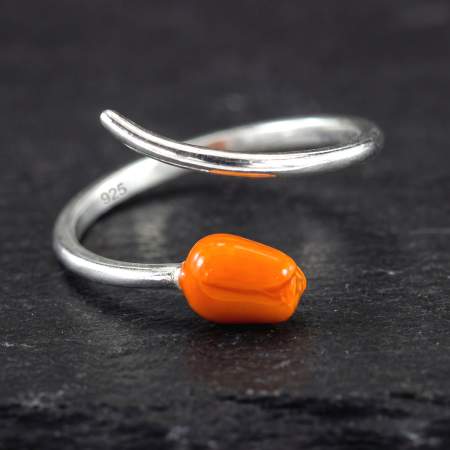 Tulpenring aus 925 Silber, verstellbarer Ring mit orangefarbener Emaille-Tulpe