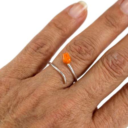 Tulpenring aus 925 Silber, verstellbarer Ring mit orangefarbener Emaille-Tulpe
