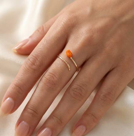 Sterling Gold Plated Orange Tulip Wrap Ring, Adjustable Enamel Flower Jewelry