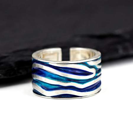MEERES Ring. Sterling Silber Wellen Ring mit türkis blauer Emaille.