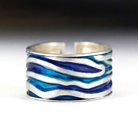MEERES Ring. Sterling Silber Wellen Ring mit türkis blauer Emaille.