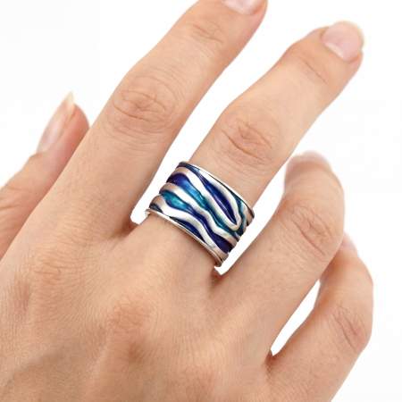 MEERES Ring. Sterling Silber Wellen Ring mit türkis blauer Emaille.