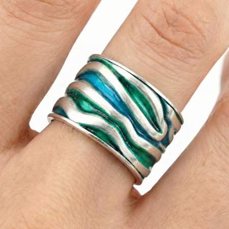 MEERES Ring. Sterling Silber Wellen Ring mit grün blauer Emaille