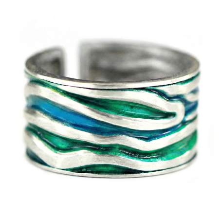 MEERES Ring. Sterling Silber Wellen Ring mit grün blauer Emaille