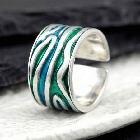MEERES Ring. Sterling Silber Wellen Ring mit grün blauer Emaille