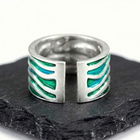 MEERES Ring. Sterling Silber Wellen Ring mit grün blauer Emaille