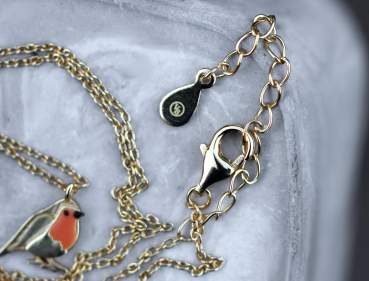 Dainty Robin Bird necklace. Gold plated sterling and orange enamel