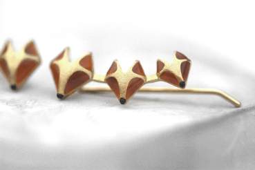 Gold Red Fox ear climbers. 18kt plated sterling, resin and enamel ear crawlers