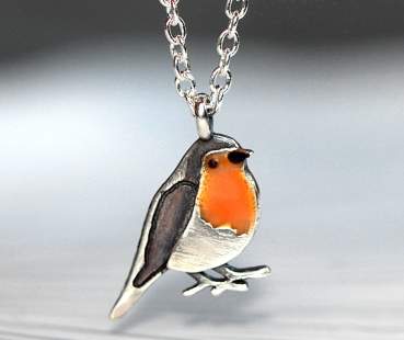 Dainty Robin Bird necklace. Sterling Silver and orange enamel