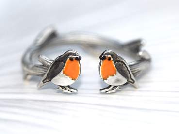 Red Robin open ring. Sterling silver and orange enamel