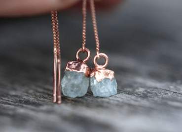 Raw Aquamarine rose gold crystal threader earrings. Dainty rough gemstone earrings