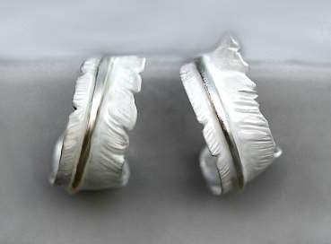 Sterling white feather earrings. Silver and enamel. Open hoop stud earrings