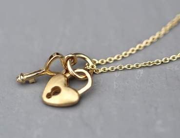 KEY to your HEART necklace. Dainty sterling gold plated necklace. Heart padlock and heart key
