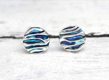 Ocean stud earrings. Sterling Silver with embedded waves and blue turquoise enamel.