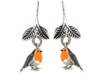 Red robin bird dangling earrings. Robin birds with orange enamel. Sterling silver