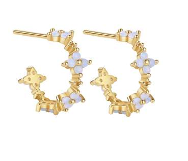 Light blue cz flowers small gold hoop earrings. Dainty gold vermeil floral studs. 18k gold over sterling