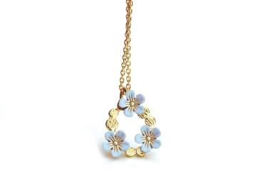 Light blue and gold FORGET ME NOT wreath necklace. Dainty 18k gold over sterling