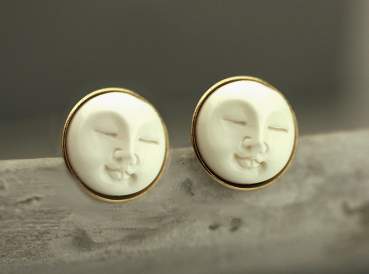 Moon Face stud earrings. Hand casted full moon in vermeil gold setting. Eco friendly white resin. Vegan