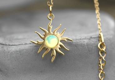 Sun necklace. Glowing yellow glass opal. 18k gold vermeil
