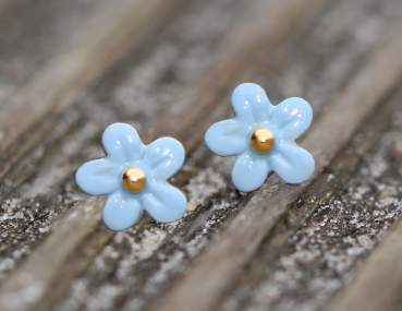Dainty gold vermeil Forget me Not studs. Light BLUE enameld. Small gold over sterling studs