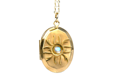 GLOWING SUN locket necklace. Rainbow Moonstone. 18k gold vermeil