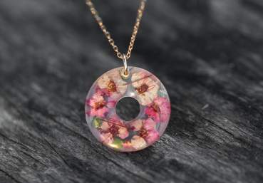 Small cherry blossom wreath. Resin and real flowers. Donut shape. 18k gold over sterling necklace