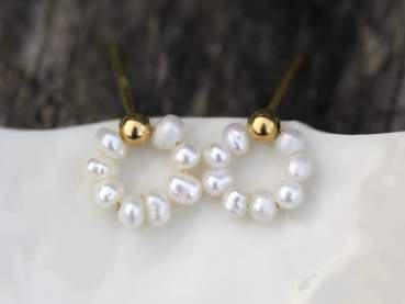 Dainty freshwater pearl circle stud earrings. 18k vermeil gold plated sterling