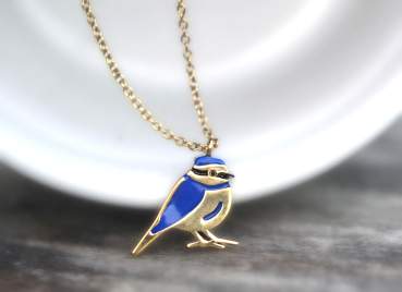 Dainty Blue Tit necklace. Gold plated sterling & blue enamel