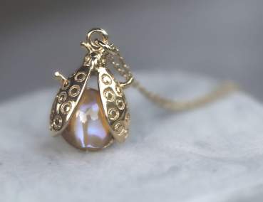Lightning Bug necklace with vintage glass opal. Vermeil gold plated sterling