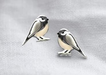 Dainty Chickadee bird stud earrings. Sterling Silver & beige and white enamel