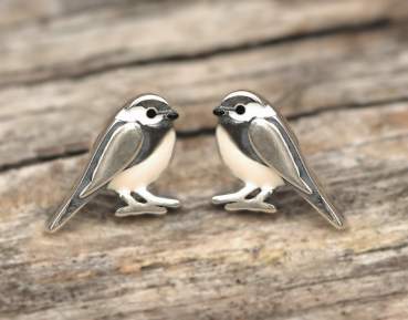 Dainty Chickadee bird stud earrings. Sterling Silver & beige and white enamel