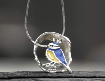 Blue Tit necklace. Sterling silver and enamel