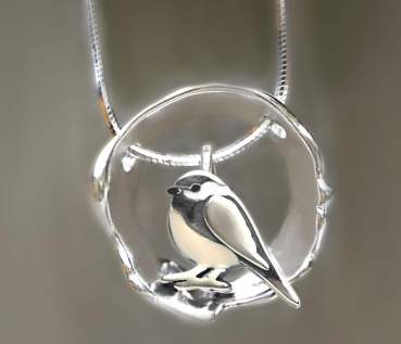 Chickadee necklace. Sterling Silver and enamel