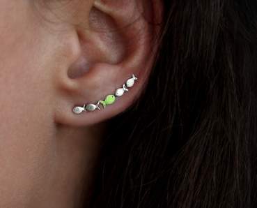 one silver ear climber with one green enameled fish swimming against the current