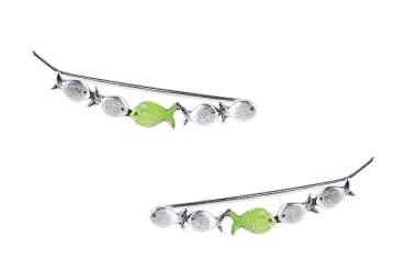pair silver ear climber, each with one green enameled fish swimming against the current