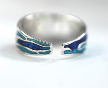Ocean Ring. Sterling Silver ring with embedded waves and blue turquoise enamel. Adjustable.