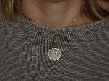 Transparent capiz shell necklace with pearl circle. 18k gold over sterling silver