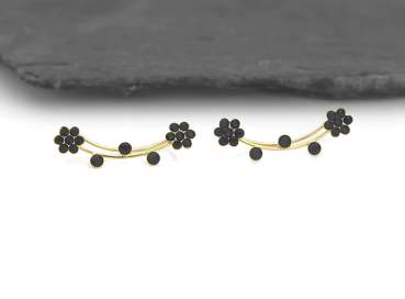 Flower ear climbers. Gold over sterling silver and black cz flowers