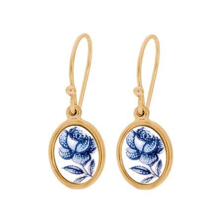 Seltene Vintage Porzellan-Ohrringe – Blaue Rose – vermeil gold Silber