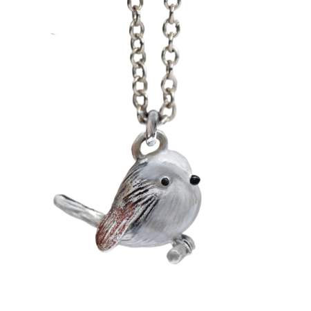 Long-tailed tit necklace – solid 925 sterling silver & enamel