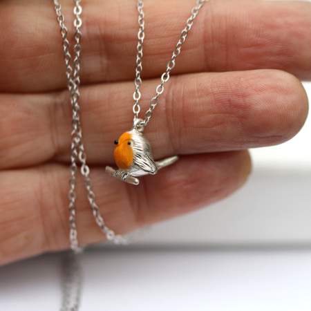 3D Rotkehlchen Kette: 925 Sterling Silber & orangene Emaille