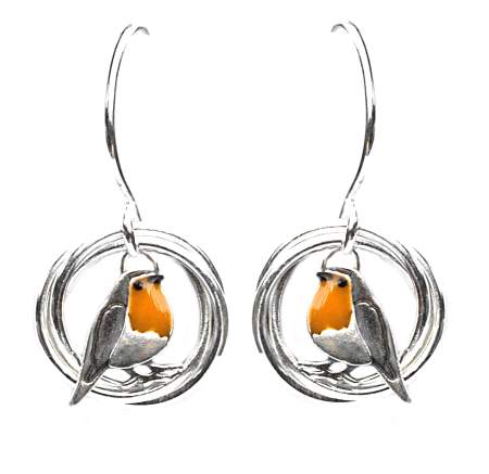 Robin Bird Nest Earrings. 925 Sterling Silver with Enamel