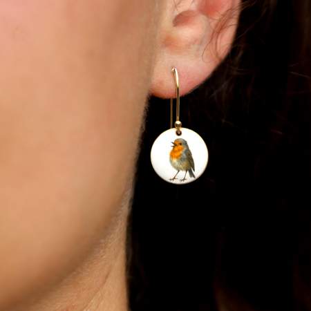 Rotkehlchen Emaille Ohrringe. 925 Sterling Silber vergoldet