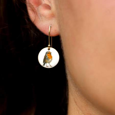 Rotkehlchen Emaille Ohrringe. 925 Sterling Silber vergoldet